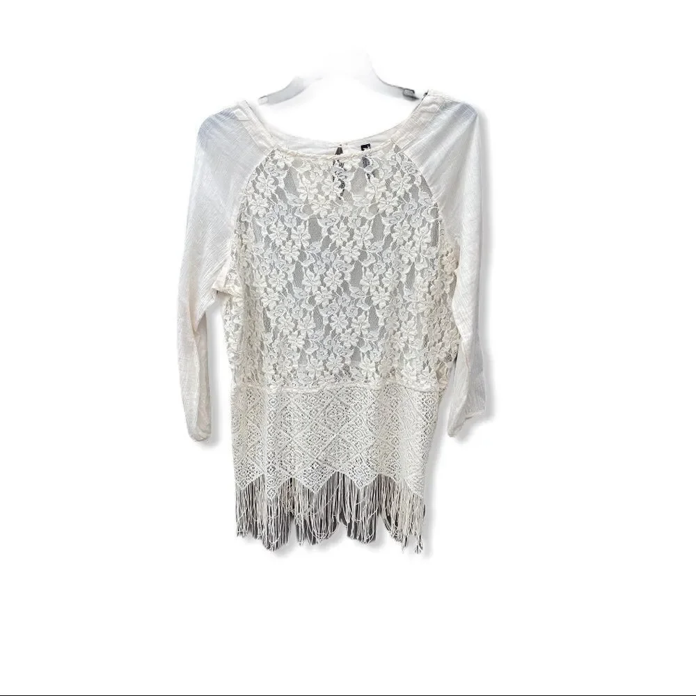 Free People Sheer Lace‎ Top With Fringe